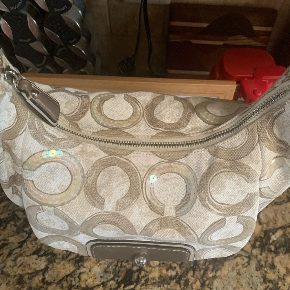 Coach Beige and Cream Double C Patterned Shoulder Bag - Picture 11 of 13